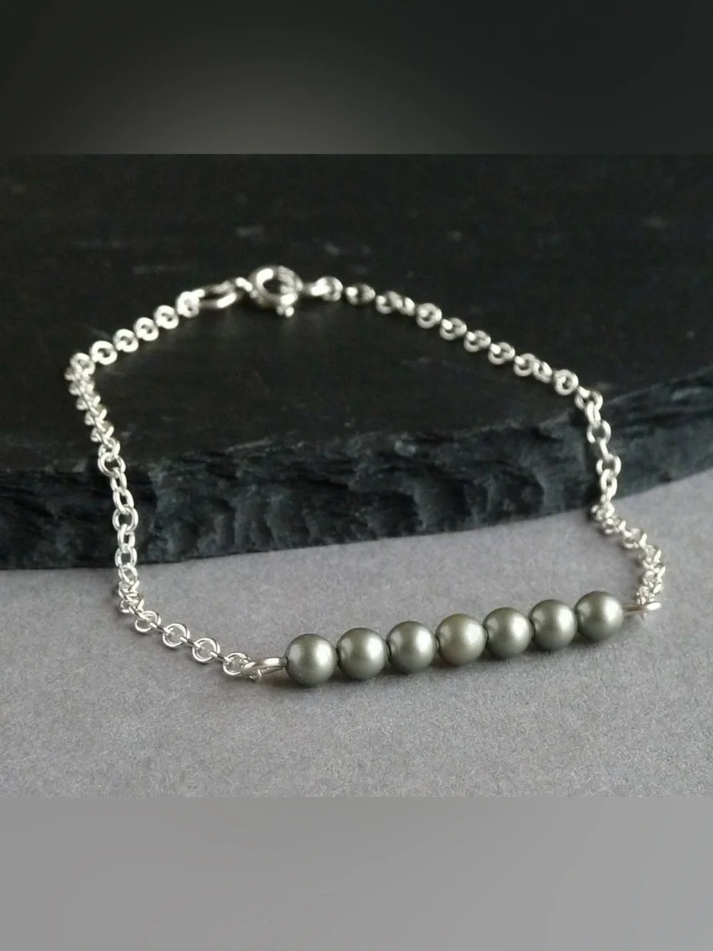 Delicate Sterling Silver Chain Bracelet with Sage/Olive Green Pearl Beads